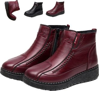 Generic Womens Waterproof Non-Slip Cotton Leather Boots - Winter Thickened Fleece Lined Slip-On Snow Ankle Boots(Red,7.5)