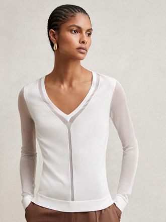 Reiss White Sheer-detail V-neck Top, XS
