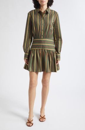 Staud Rocco Stripe Long Sleeve Mini Shirtdress in Dark Olive Stripe at Nordstrom, Size 16