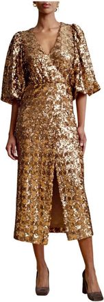 By Ti Mo Sprankelende Sequins Midi Jurk - Dames - Feestkleedjes - Geel - L - Polyester - Kleedjes