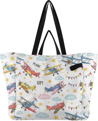Generic Aircraft Planes Clouds White print Reusable Canvas Tote Bag, Heavy Duty Grocery Shopping Bag with Hard Bottom Large Capacity Double Handles Work Groce