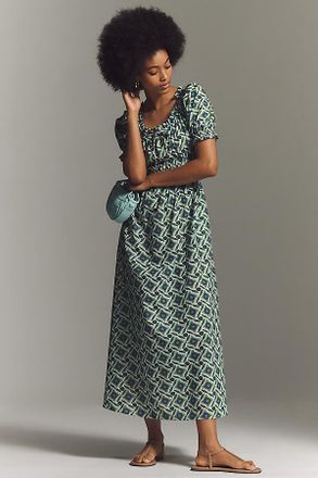 Exquise Smocked Puff Sleeve Midi Dress