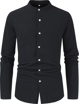 Generic Mens Grandad Shirt Long Sleeve Linen Cotton Slim Fit Banded Collarless Office Wear Shirts Lightweight & Breathable Smart Solid Casual Tops for Summer 