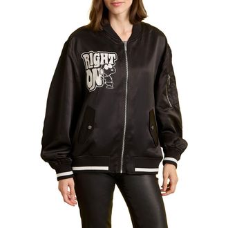Sanctuary x Peanuts 75th Anniversary Right On Satin Bomber Jacket in Black at Nordstrom, Size Small