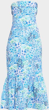 Shoshanna Wright Strapless Floral-Print Flounce Midi Dress