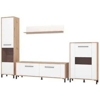 Dmora Parete Attrezzata Cimbergo, Mobile Soggiorno Modulabile, 8 Ripiani, 10 Vani, 299x40x192.5h cm Bianco Opaco