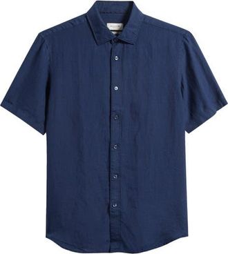 Bugatchi Orson Shaped Fit Short Sleeve Linen Button-Up Shirt in Navy at Nordstrom, Size Xxx-Large
