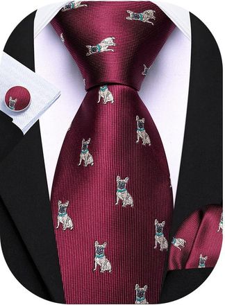 Barry.Wang Mens Ties Silk Burgundy Dog Funny Animal Necktie Set Handkerchief Cufflinks Party Christmas