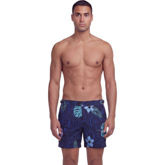 Lords of Harlech Tropical Fantasy Mens Tailored Swim Short in Tropical Fantasy Navy at Nordstrom, Size 30