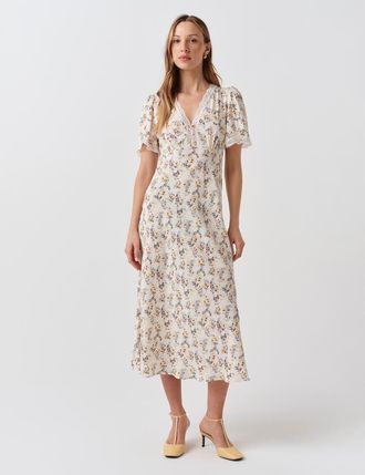 Ghost London Belle Lace Crepe V-Neck Midi Dress in Ivory Ditsy at Nordstrom, Size 12