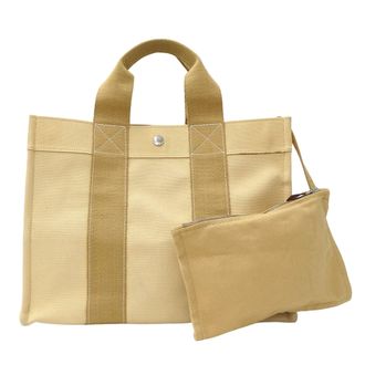 Herm&egrave;s Beige Yellow Toile Officier Handbag Tote Bag (Pre-Owned)