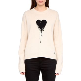 Zadig&Voltaire Markuz Embellished Heart Appliqu&eacute; Cashmere Crewneck Sweater in Eggshell at Nordstrom, Size X-Small