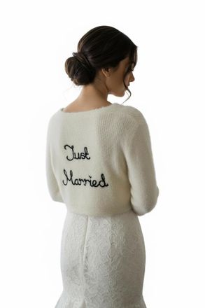 Generic Just Married Hand-Embroidered Bridal Cardigan, White, Wedding Day Knitwear (XXL)