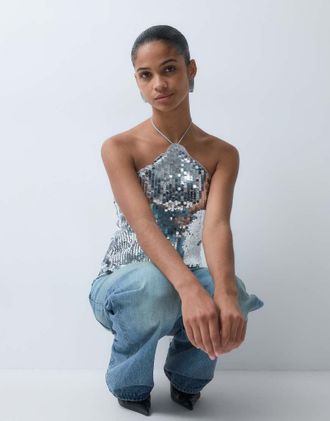 Vero Moda top allacciato al collo con paillettes argento
