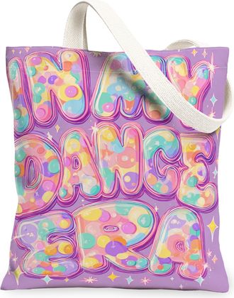 Generic Retro Dance Canvas Tote Bags, Colorful Polka Dot Pattern Reusable Grocery Bags, Lightweight Washable Shoulder Strap Canvas, Violet, 13x15 Inch