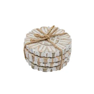 Foreside Home And Garden Set of 4 Floral Carved Coasters White Mango Wood & Jute at Nordstrom