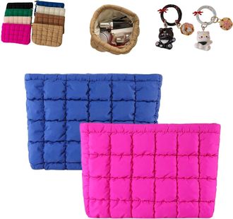 Generic Solid Color Quilted Design Clutch, Large Capacity Travel Storage Bag, Cute Quilted Puffer Makeup Bag,Women Travel Toiletry (2PCS-I)