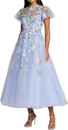 Mac Duggal Flutter Sleeve Embroidered A-Line Midi Dress in Blue Multi at Nordstrom, Size 10
