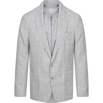 Emanuel Berg Grey Glen Check Knit Linen & Cotton Blend Sport Coat with Removable Zip Bib in Medium Grey at Nordstrom, Size 46