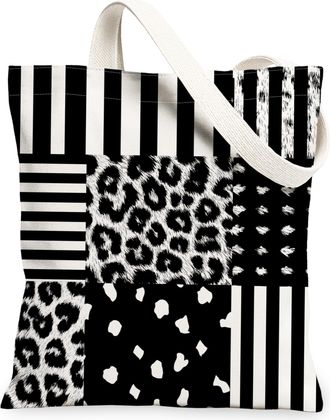 Generic Black White Canvas Tote Bags, Animal Print Reusable Grocery Bags, Stylish Lightweight Washable Shoulder Strap Canvas for Tr, Black White, 13x15 Inch