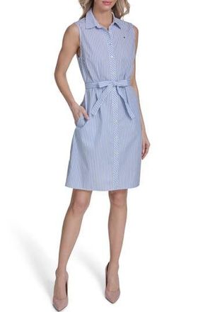 Tommy Hilfiger Sleeveless Cotton Shirtdress in Bright White/Marina Blue at Nordstrom Rack, Size 14