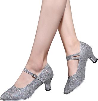 Generic Womens Latin Dance Shoes Mid Heel Shoes Soft Modern Low Heeled Ballroom Dance Shoes Women Heel Knee High Wide Calf Boots (Grey, 6.5)