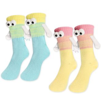 Generic 2 Pairs Magnetic Couple Socks with Googly Eyes - Funny Matching Socks for Couples, Interactive Hand-Holding Design, 90% Cotton Unisex Medium Crew Sock