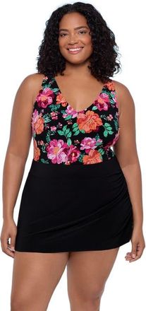 Trimshaper Julie Adjustable Skirt Control Swim Dress in Hothouse Garden at Nordstrom, Size 22W