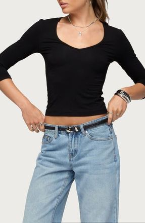 Edikted Jamila Three-Quarter Sleeve Jersey Crop Top in Black at Nordstrom, Size X-Small