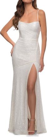 La Femme Lace Up Back Sequin Gown with Flare Skirt in White at Nordstrom, Size 10