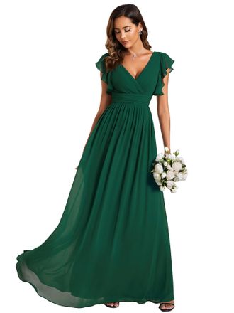 Ever-pretty Women Dresses Bridesmaid Wedding Guest Dress Elegant Chiffon A-Line Ruffles Sleeve Dark Green 12UK