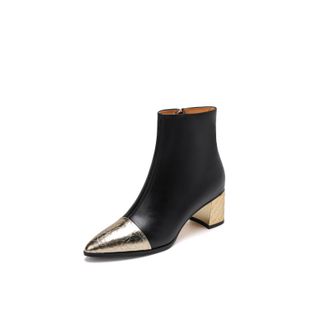 TinaCus Womens Pointed Toe Two-toned Genuine Leather Handamde Mid Chunky Heels Side Zip Up Ankle Boots, Gold, 8 UK