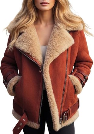 Generic Womens Faux Suede Shearling Jacket with Thick Fleece Warm Winter Coat with Elegant Notch Lapel Buttons Long Sleeve Outerwear for Autumn Winter and Col