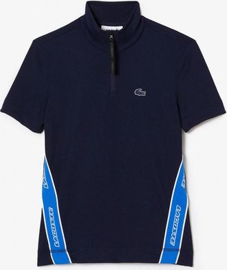Lacoste Womens Ribbed Collar Zip Neck Short Sleeve Polo Shirt in Navy Blue - Size 14 UK
