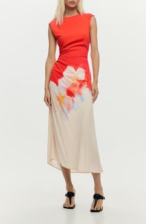 Desigual Floral Ruched Side Midi Dress in Coral at Nordstrom, Size Large