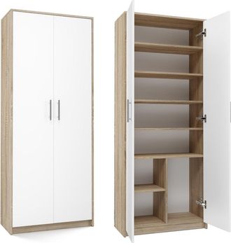 OEM Librer&iacute;a Cerrada Sonoma Oak - Blanco Mate Con 8 Estantes, Mueble Para Sala De Estar, Oficina, Habitaci&oacute;n Infantil, Construcci&oacute;n S&oacute;lida, Fabricaci&oacute;n Po