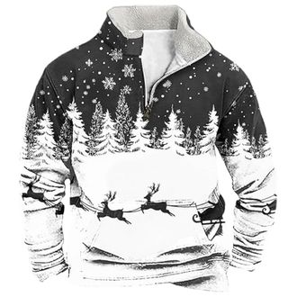 Generic Mens 1/4 Zip Christmas Funny Xmas Warm Cosy Sweaters Sweatshirt Xmas Tree Pullover Ugly Christmas Jumper Long Sleeve Sweater Fleece Stand Collar Sweat