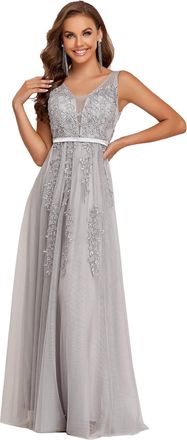 Ever-pretty Womens Sleeveless Deep V Neck Tulle A Line with Appliques Floor Length Evening Dresses Grey 10UK