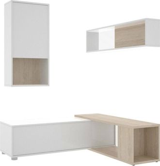 Dmora Parete attrezzata Denali, Set da soggiorno modulare ad angolo, Mobile salotto multiposizione, 230x41h180 cm, Bianco e Rovere, con imballo rinforzato