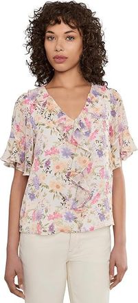 CeCe by Cynthia Steffe Flutter Sleeve Ruffled Short Sleeve Top Womens Clothing New Ivory : SM, Polyester