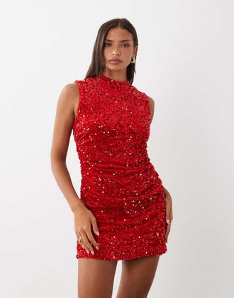 Vila vestito mini senza maniche in velluto con paillettes, collo alto e arricciature, rosso