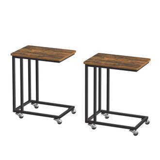 Vasagle Juego de 2 mesas auxiliares con ruedas de acero color marr&oacute;n y negro
