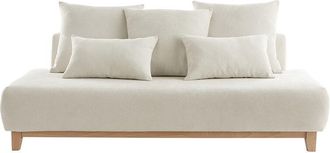 Miliboo Sof&aacute; 3 Plazas De Tejido Efecto Aterciopelado Texturizado Beige Y Madera Clara 200 Cm Odeon