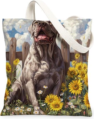 Generic Spring Neopolitan Mastiff Dog Canvas Tote Bag for Shopping 13x15, Sunflower Fence Puppy Reusable Grocery Print Bag for Women, Farmhouse Pet Beach Aest