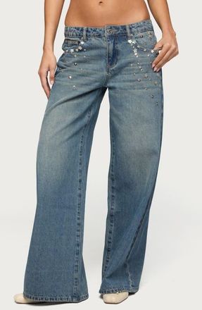 Edikted Mahalia Embellished Low Rise Baggy Jeans in Blue-Vintage-Washed at Nordstrom, Size X-Large