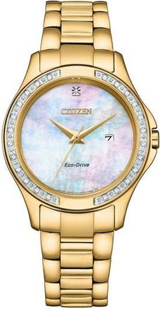 Citizen Eco-Drive Mother-of-Pearl & Crystal Bracelet Watch, 32mm in Gold at Nordstrom Rack