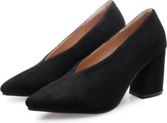 Generic Womens Pointed-Toe Block Heels Slip-On Suede Formal Shoes Office,Work, Commute Court Shoes,Black,7.5 UK