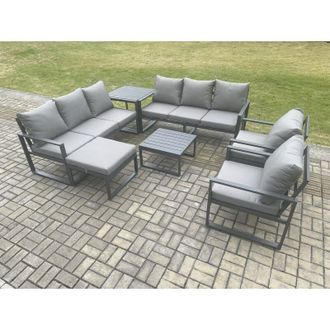 Fimous Fimous Aluminium Patio Outdoor Garden Furniture Lounge Sofa Set with Square Coffee Table 2 Chairs Big Footstool Side Table Dark Grey