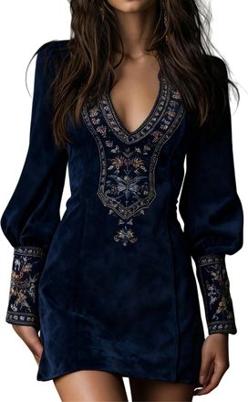 Generic Womens Vintage Embroidered Dress Suede V-Neck Long-Sleeved Slim-Fit Mini Sexy Dress Solid Retro Western Christmas Dresses (Navy Blue,L)