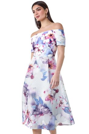Ariella Womens Floral Print Premium Stretch Bardot Dress - Pink - Size 12 UK